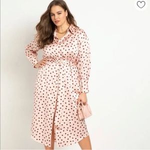 Eloquii Womens Pink Maroon Polka Dot Satin Collared Midi Dress Size 16